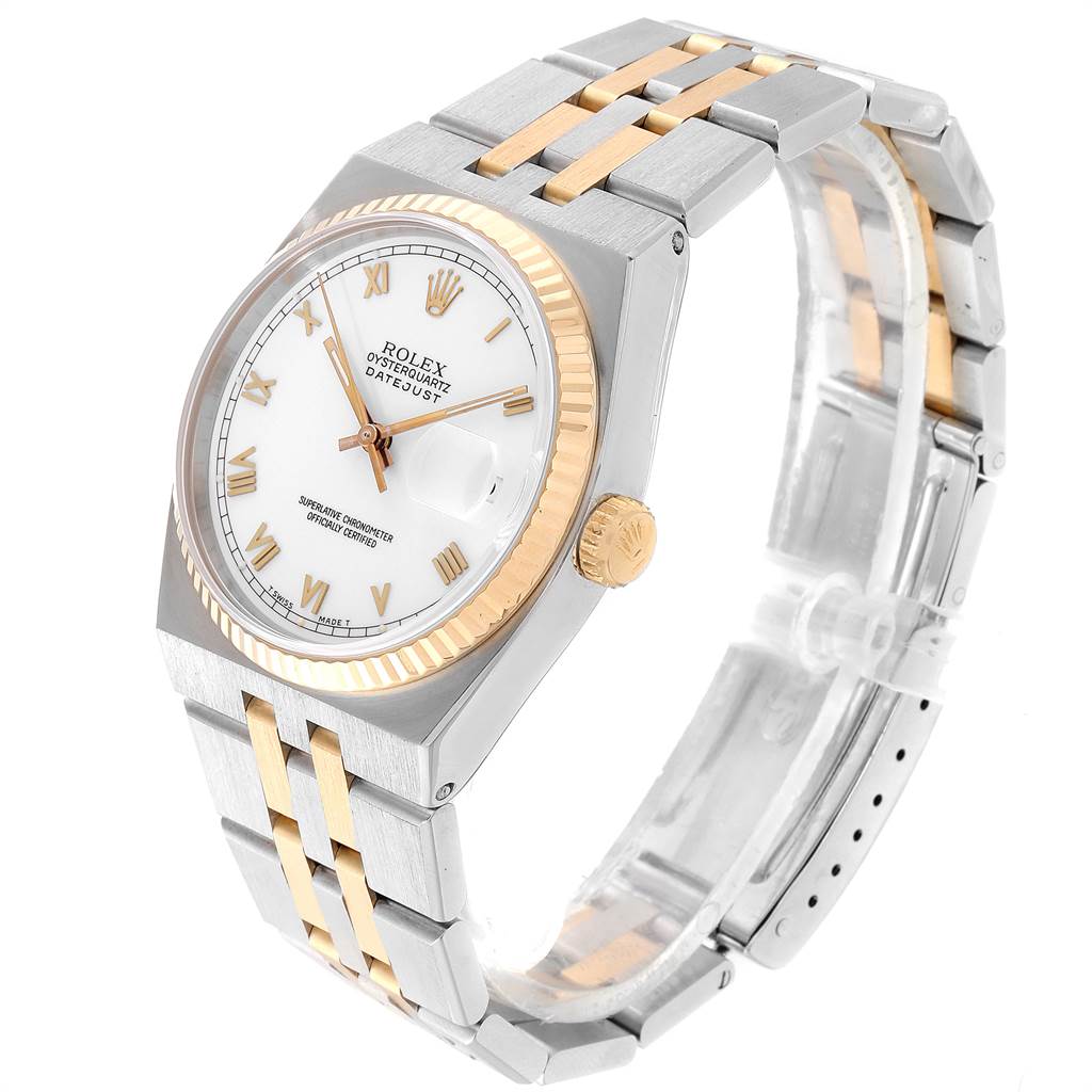 The Rolex Oysterquartz 16865 Men's Stainless Steel White Dial 16865 Men's Stainless Steel White Dial watch is shown at a three-quarter angle highlighting the face, bezel, and two-tone bracelet.