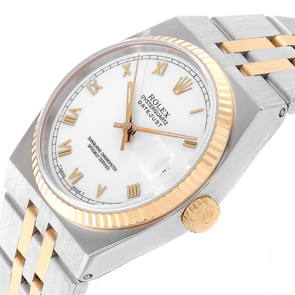 The image shows a close-up, angled view of a Rolex Oysterquartz 16865 Men's Stainless Steel White Dial 16865 Men's Stainless Steel White Dial Datejust watch, highlighting the face, bezel, and part of the bracelet.