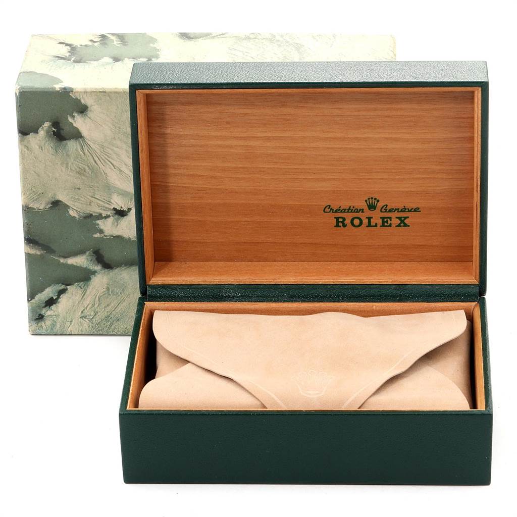 The image shows a Rolex Oysterquartz 16865 Men's Stainless Steel White Dial 16865 Men's Stainless Steel White Dial watch box and protective pouch, viewed from the front with the box open.