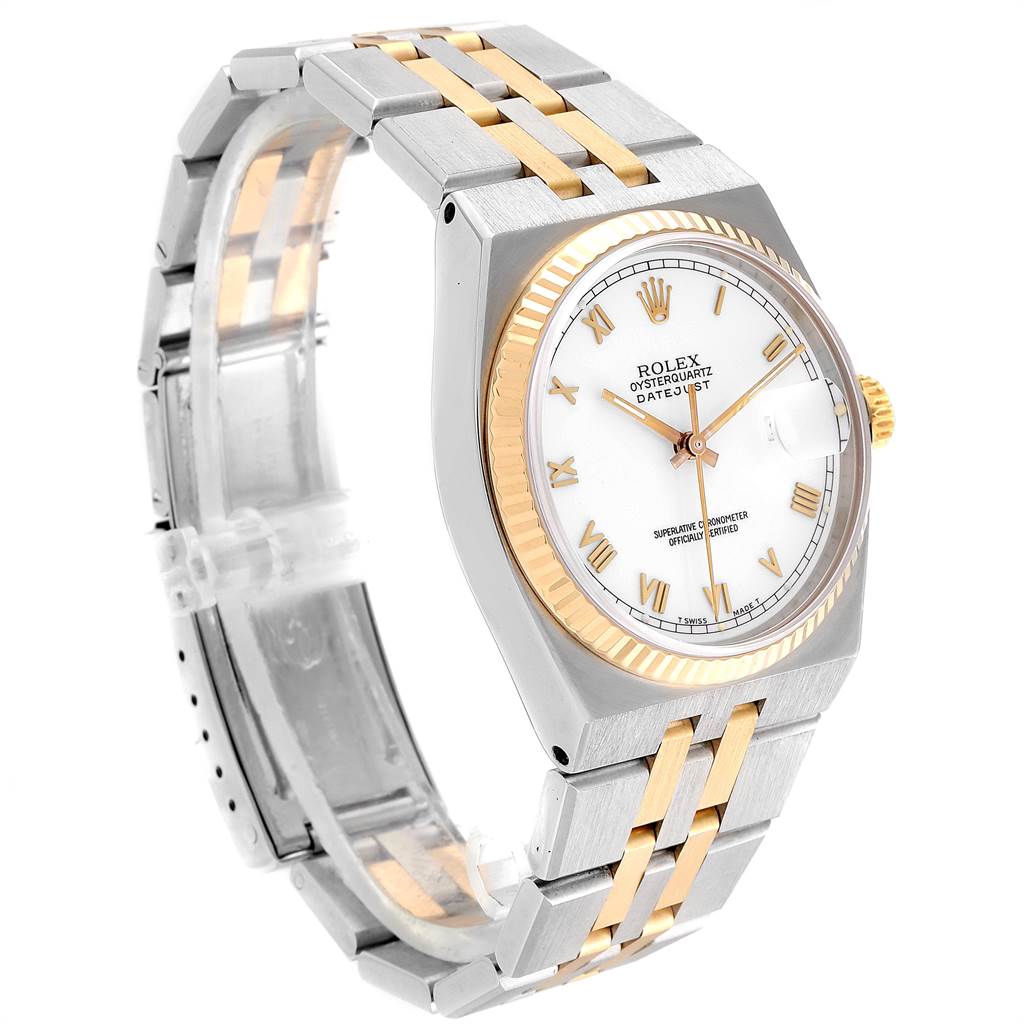 The Rolex Oysterquartz 16865 Men's Stainless Steel White Dial 16865 Men's Stainless Steel White Dial watch is shown at a slight angle, displaying the bracelet, bezel, dial, and crown.