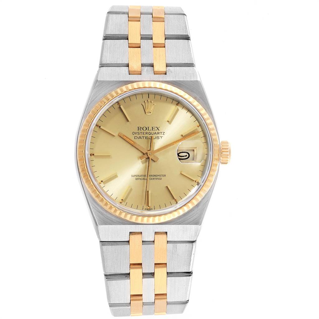 This image shows a front view of the Rolex Oysterquartz 17013 Men's Stainless Steel Champagne Dial 17013 Men's Stainless Steel Champagne Dial watch, highlighting its dial, bezel, crown, and two-tone bracelet.