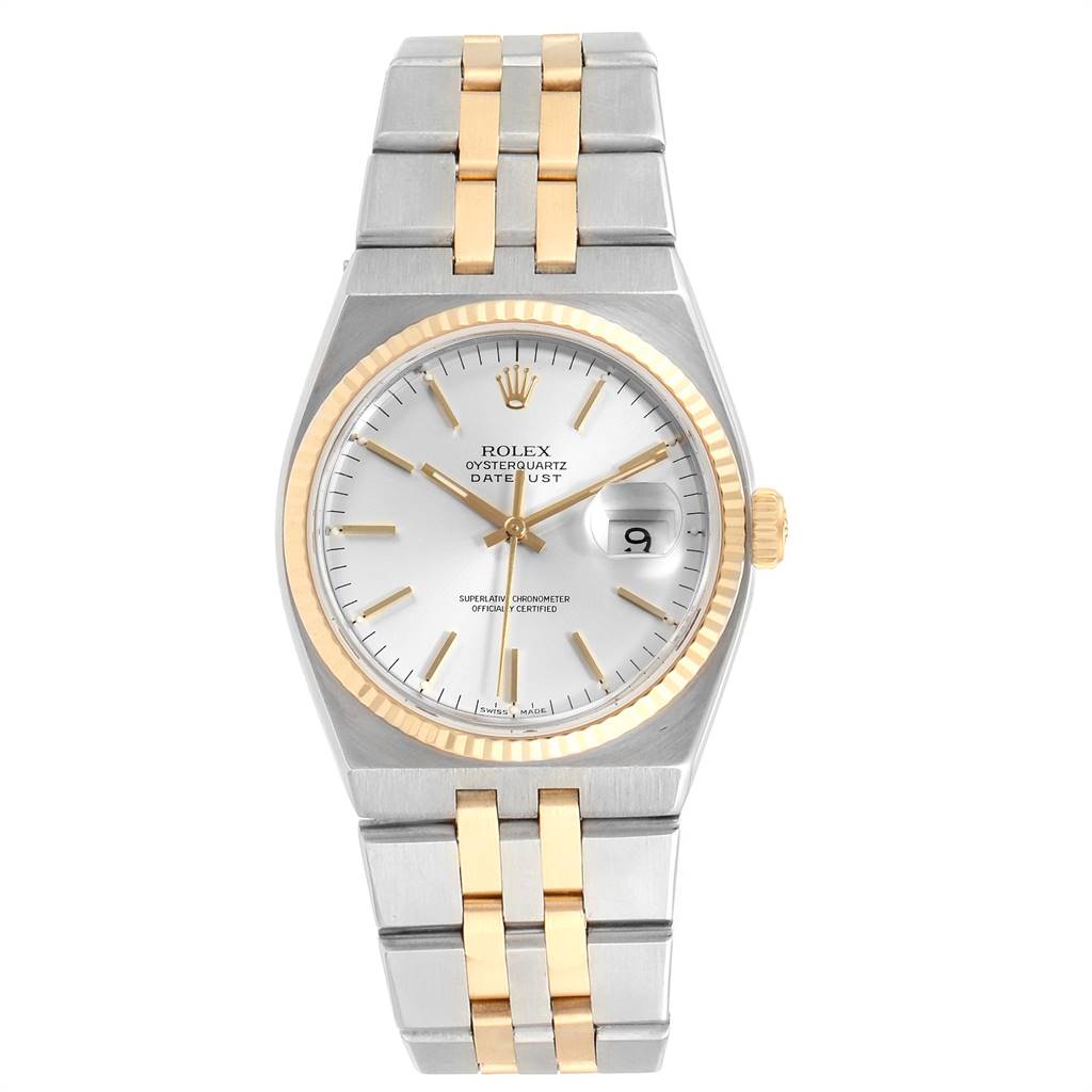 This Rolex Oysterquartz 17013 Men
s Stainless Steel Silver Dial 17013 Men
s Stainless Steel Silver Dial watch is shown from a front angle, highlighting the dial, bezel, crown, and bracelet.