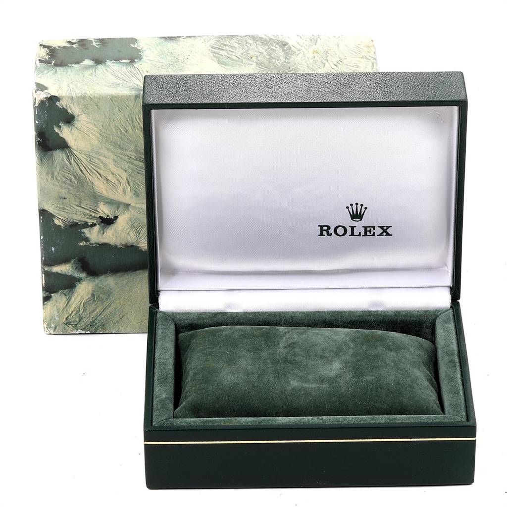 The image shows an empty Rolex Oysterquartz 17013 Men
s Stainless Steel Silver Dial 17013 Men
s Stainless Steel Silver Dial watch box with its lid open, displaying the brand logo inside.