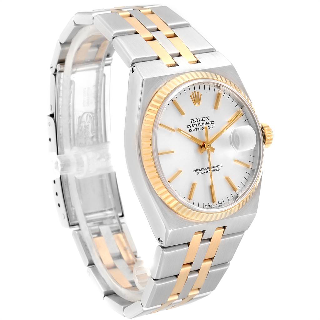The Rolex Oysterquartz 17013 Men
s Stainless Steel Silver Dial 17013 Men
s Stainless Steel Silver Dial watch is shown at a side angle, highlighting its two-tone bracelet, bezel, case, and dial.