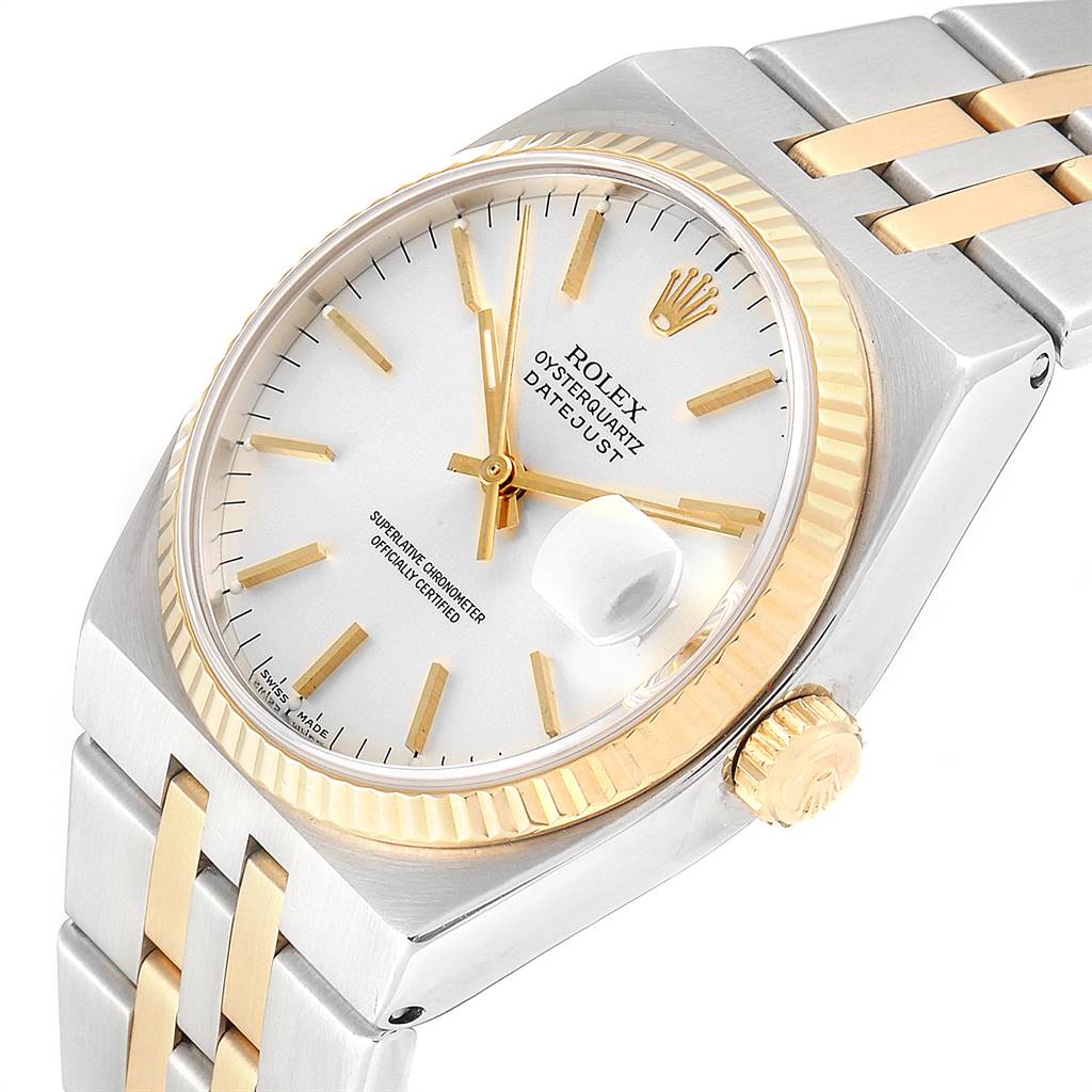 The image shows a Rolex Oysterquartz 17013 Men
s Stainless Steel Silver Dial 17013 Men
s Stainless Steel Silver Dial watch at a slight angle, highlighting the dial, bezel, date window, and bracelet.