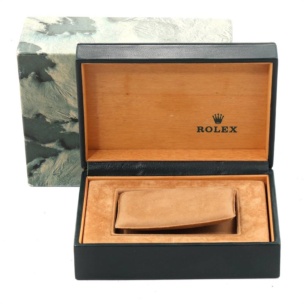 This image shows the open box and cushion for the Rolex Oysterquartz 17013 Men's Stainless Steel Champagne Dial 17013 Men's Stainless Steel Champagne Dial watch.