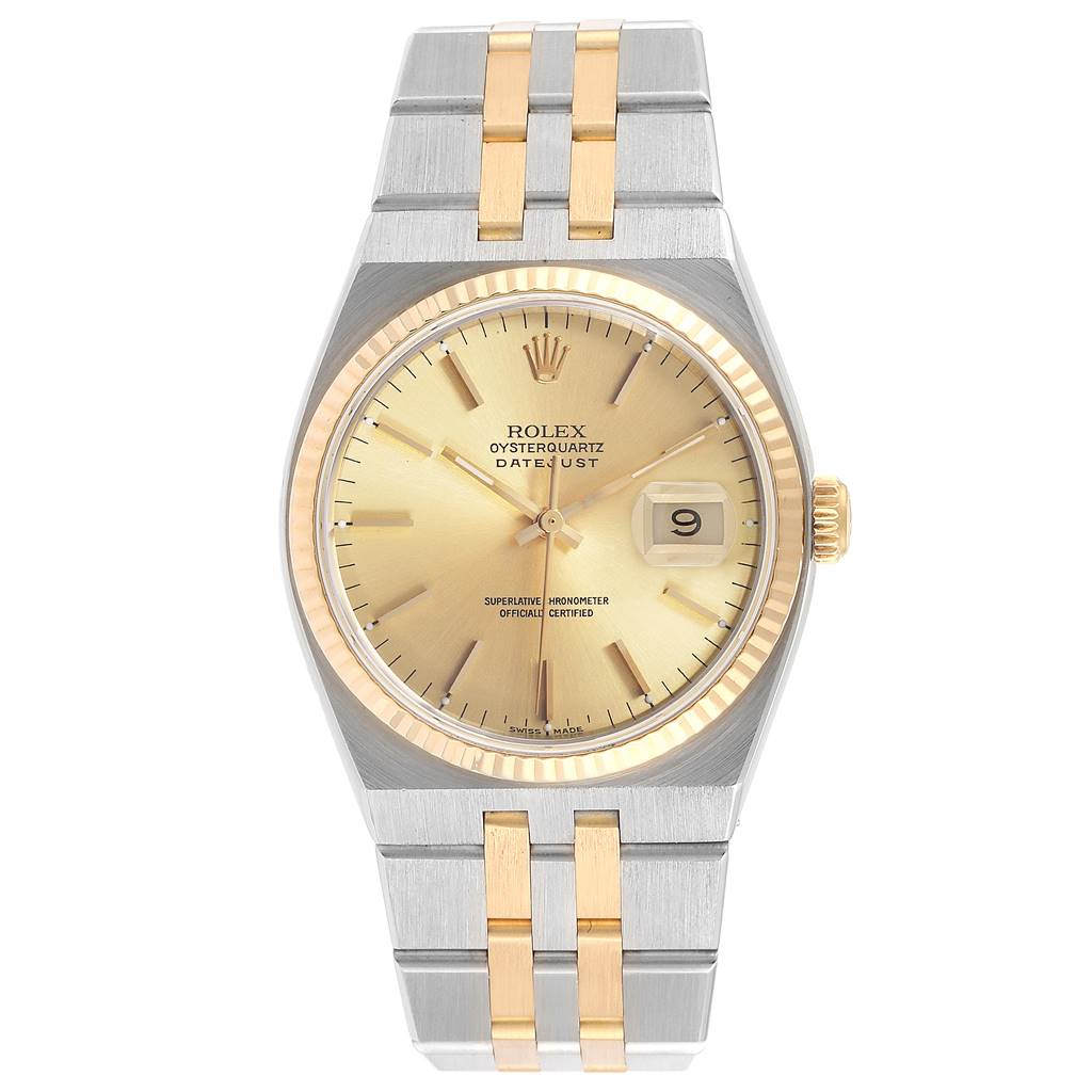 The image shows a frontal view of the Rolex Oysterquartz 17013 Men's Stainless Steel Champagne Dial 17013 Men's Stainless Steel Champagne Dial Datejust watch, featuring its dial, bezel, case, and bracelet.