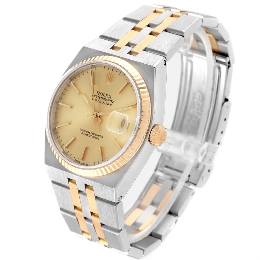 The image shows a Rolex Oysterquartz 17013 Men's Stainless Steel Champagne Dial 17013 Men's Stainless Steel Champagne Dial Datejust watch from an oblique angle, displaying the dial, case, bracelet, and crown.