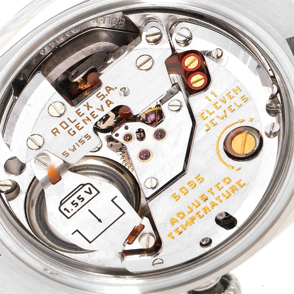 This image shows a close-up view of the internal mechanism of the Rolex Oysterquartz 17014 Men
s Stainless Steel Silver Dial 17014 Men
s Stainless Steel Silver Dial watch model, highlighting its components.