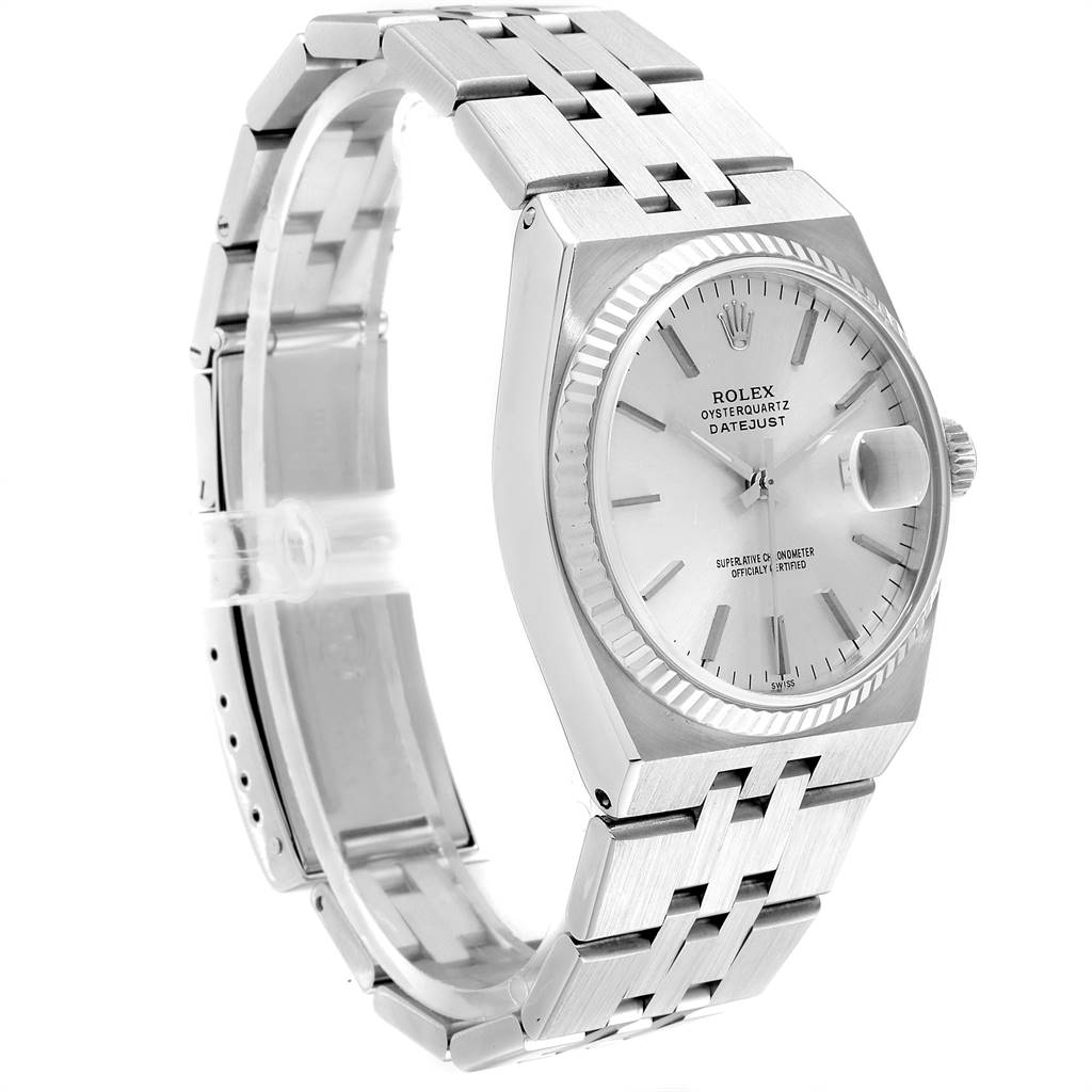 The image shows a side and front angle of a Rolex Oysterquartz 17014 Men
s Stainless Steel Silver Dial 17014 Men
s Stainless Steel Silver Dial watch, displaying its dial, bezel, and bracelet.