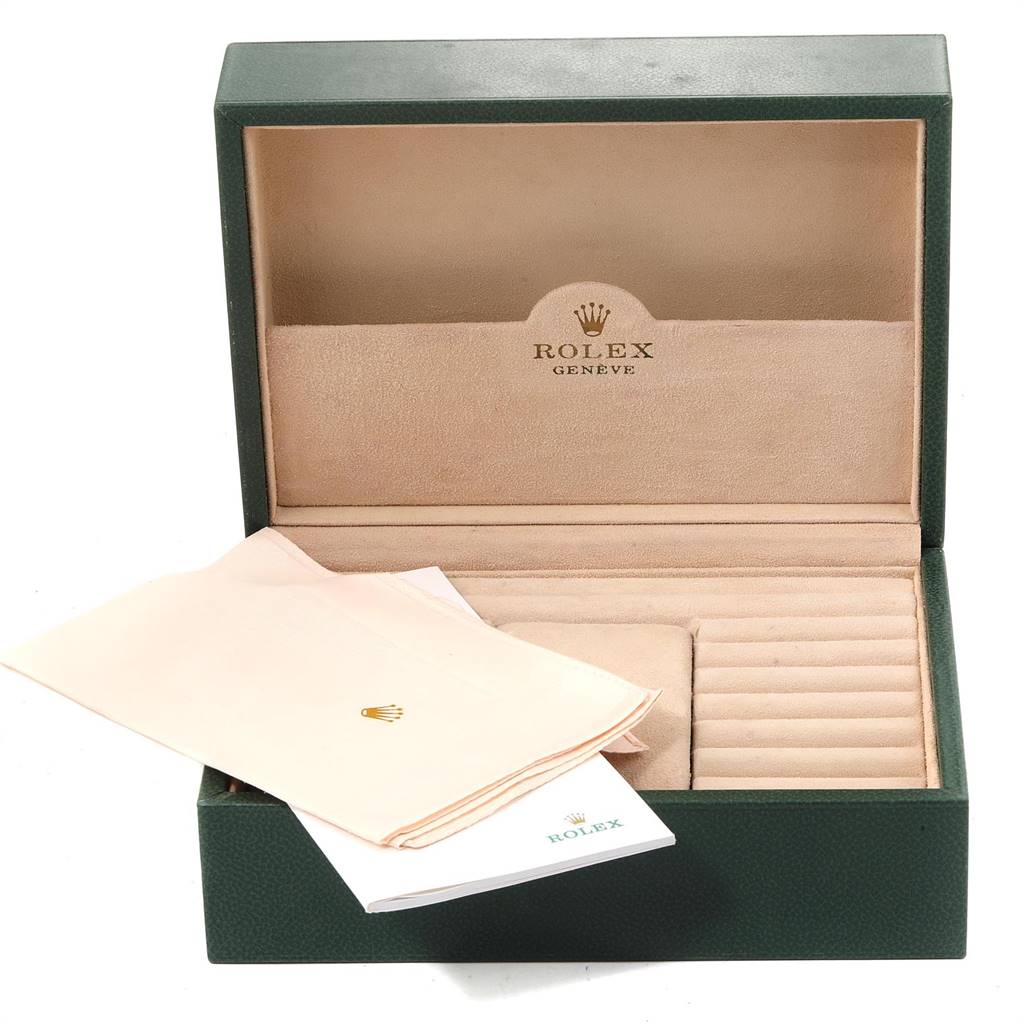 The image shows the open box, cloth, and booklet for a Rolex Oysterquartz 19019 Men
s White Gold Silver Dial 19019 Men
s White Gold Silver Dial model, with the box interior featuring the Rolex logo.