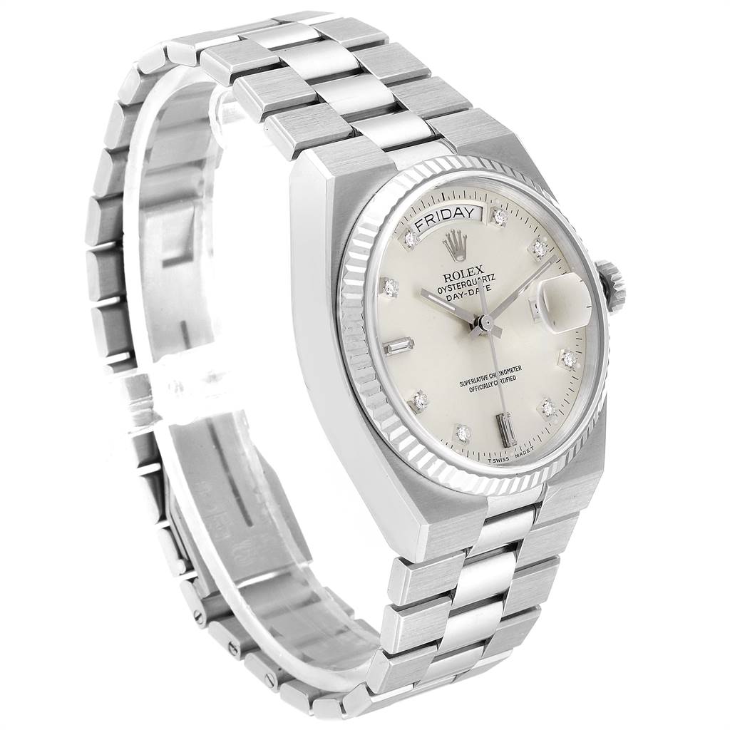 The Rolex Oysterquartz 19019 Men
s White Gold Silver Dial 19019 Men
s White Gold Silver Dial watch is shown from a front angled view, displaying its face, bezel, bracelet, and side profile.