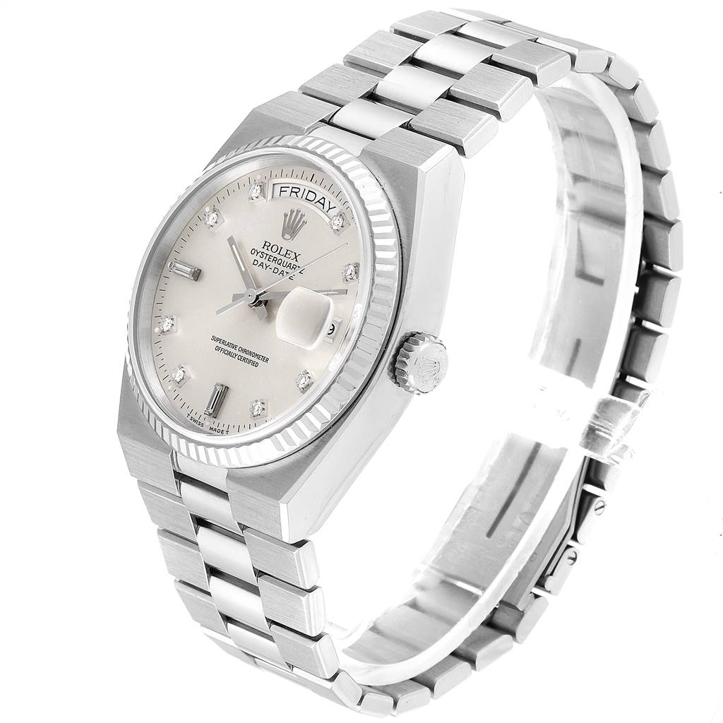 The Rolex Oysterquartz 19019 Men
s White Gold Silver Dial 19019 Men
s White Gold Silver Dial watch is shown at a three-quarter angle, displaying the face, bezel, crown, and bracelet clearly.
