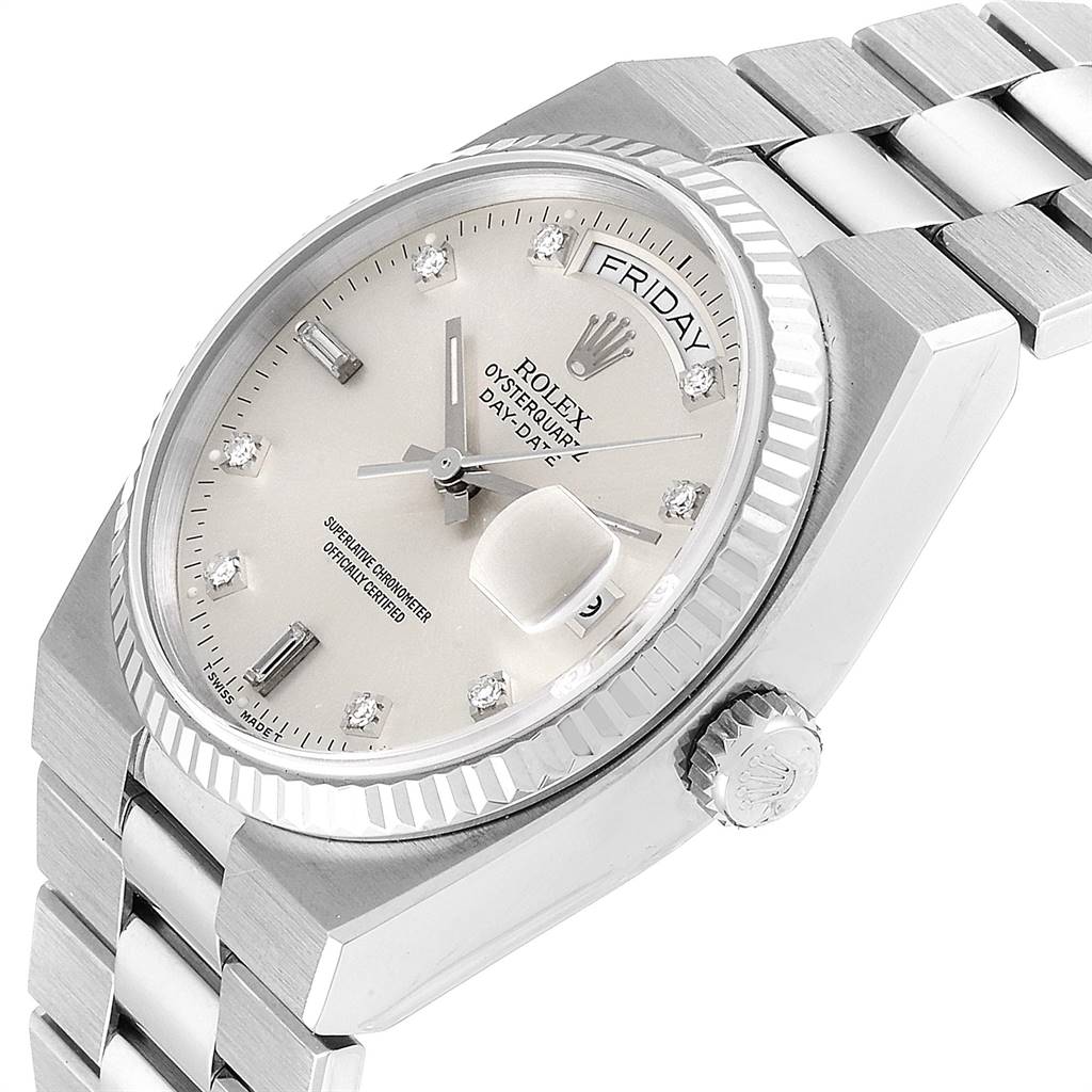 The image shows an angled close-up of the Rolex Oysterquartz 19019 Men
s White Gold Silver Dial 19019 Men
s White Gold Silver Dial model, highlighting the dial, bezel, crown, and part of the bracelet.