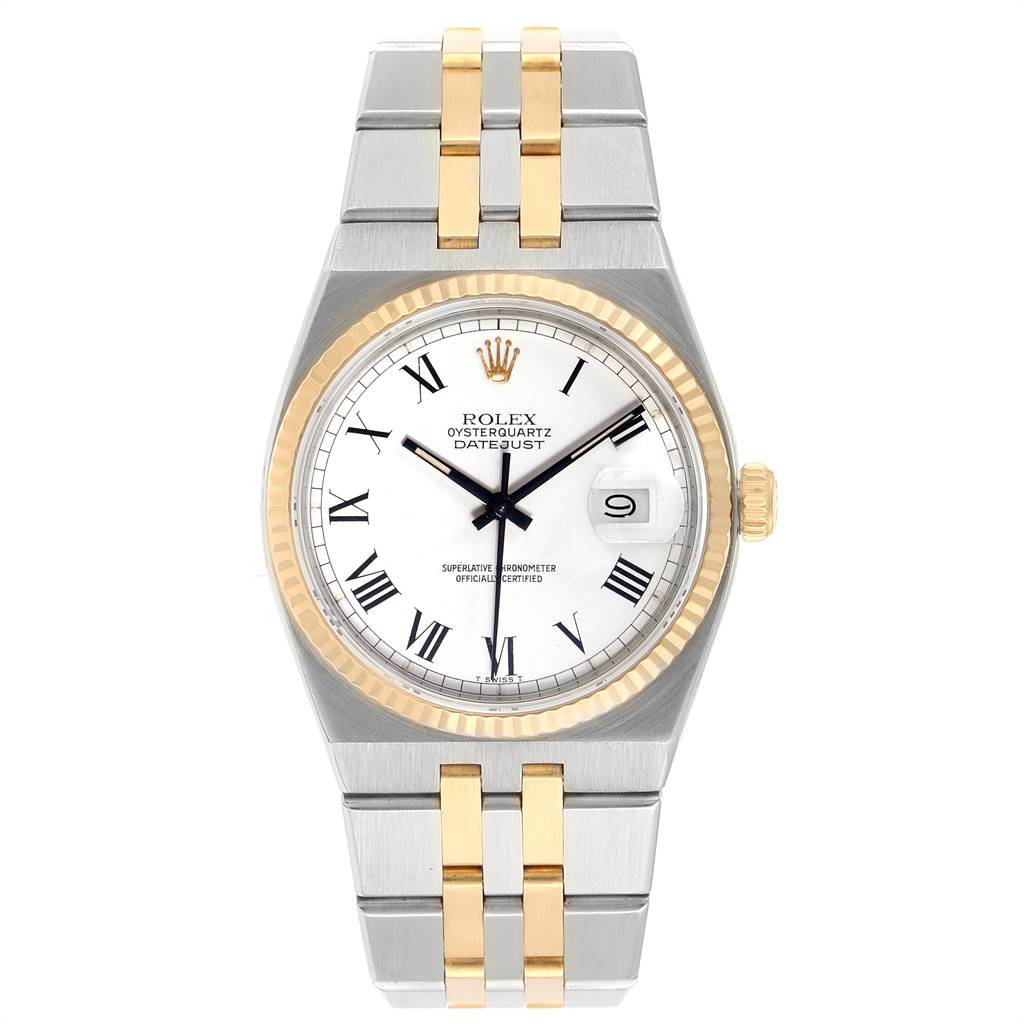 This image displays the Rolex Oysterquartz 19220 Men's Steel and Gold (two tone) White Dial 19220 Men's Steel and Gold (two tone) White Dial Datejust watch from a front view, highlighting the face, bezel, case, and bracelet.