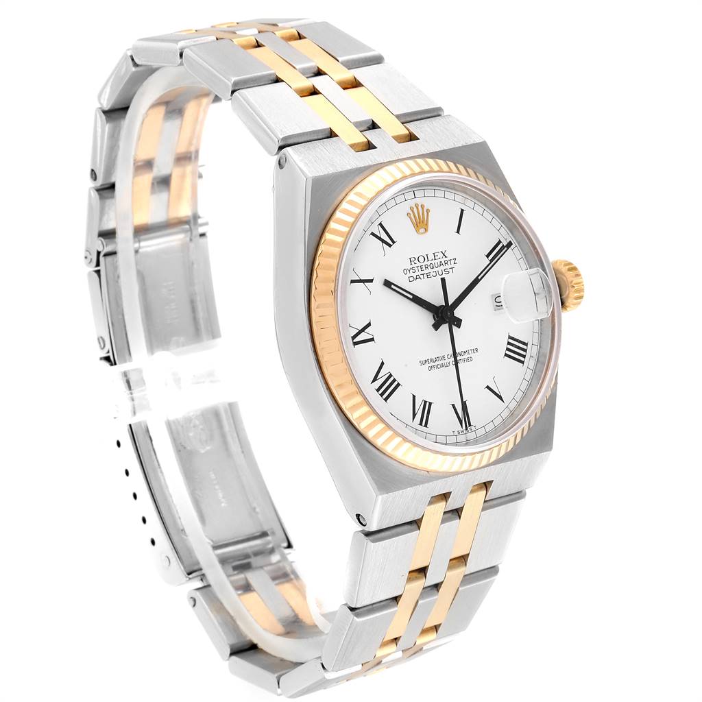 The Rolex Oysterquartz 19220 Men's Steel and Gold (two tone) White Dial 19220 Men's Steel and Gold (two tone) White Dial watch is shown at a three-quarters angle, highlighting its face, bezel, crown, and two-tone bracelet.