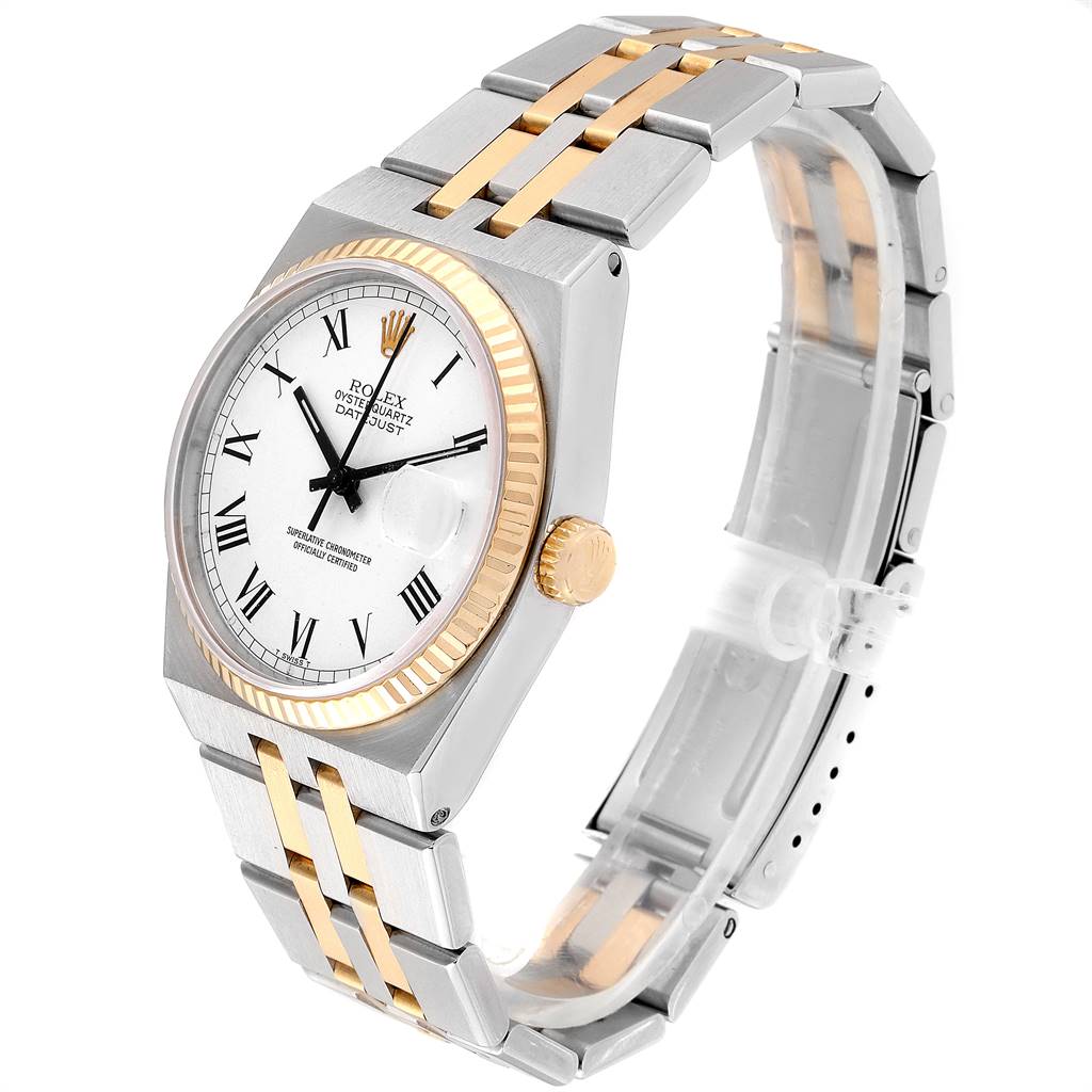 This Rolex Oysterquartz 19220 Men's Steel and Gold (two tone) White Dial 19220 Men's Steel and Gold (two tone) White Dial watch is shown at an angled front view, displaying its face, bezel, crown, and bracelet.