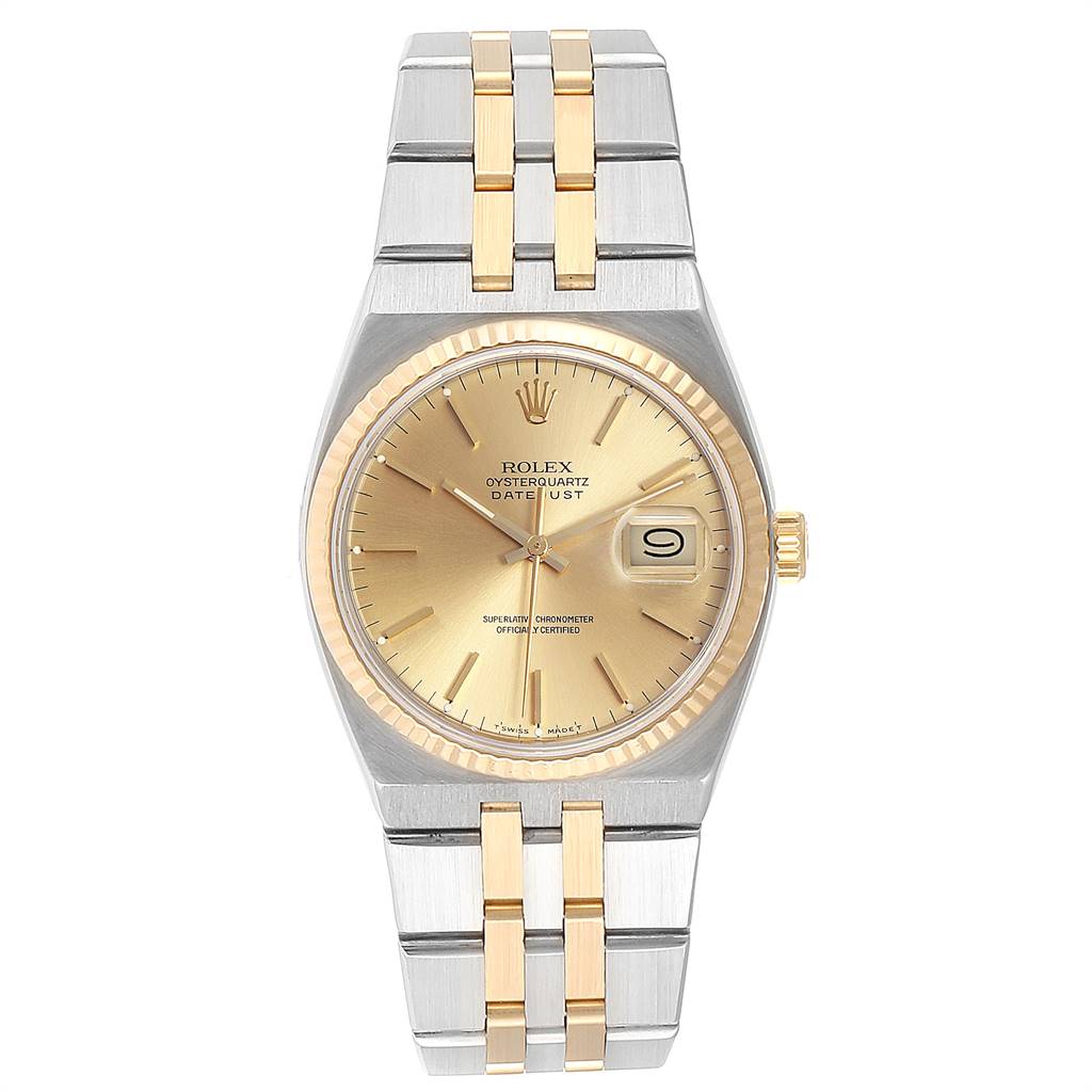 The image displays a front view of a Rolex Oysterquartz 17013 Men
s Stainless Steel Champagne Dial 17013 Men
s Stainless Steel Champagne Dial watch featuring a gold dial and two-tone metal strap.