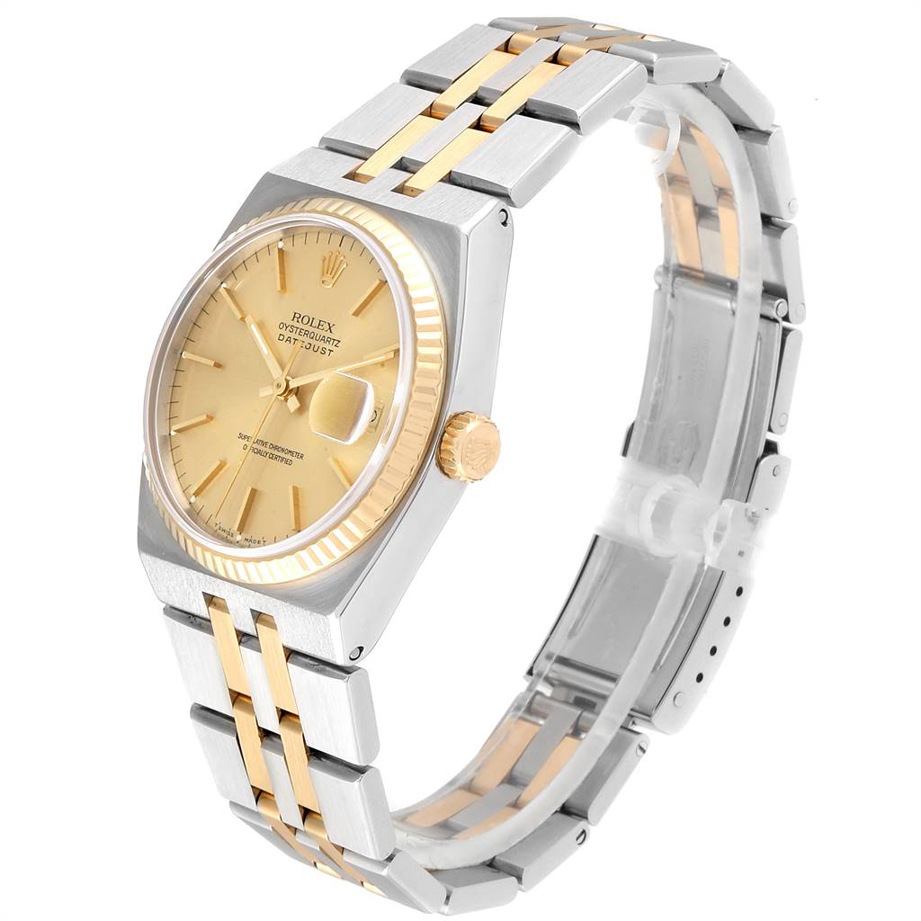 This Rolex Oysterquartz 17013 Men
s Stainless Steel Champagne Dial 17013 Men
s Stainless Steel Champagne Dial watch is shown at a three-quarter angle, highlighting the dial, bezel, crown, and bracelet.