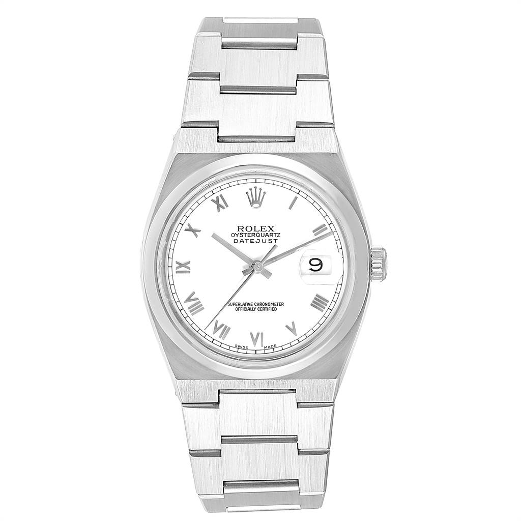 The image shows a front view of the Rolex Oysterquartz 17000 Men's Stainless Steel White Dial 17000 Men's Stainless Steel White Dial Datejust watch, displaying the dial, bezel, crown, and bracelet.