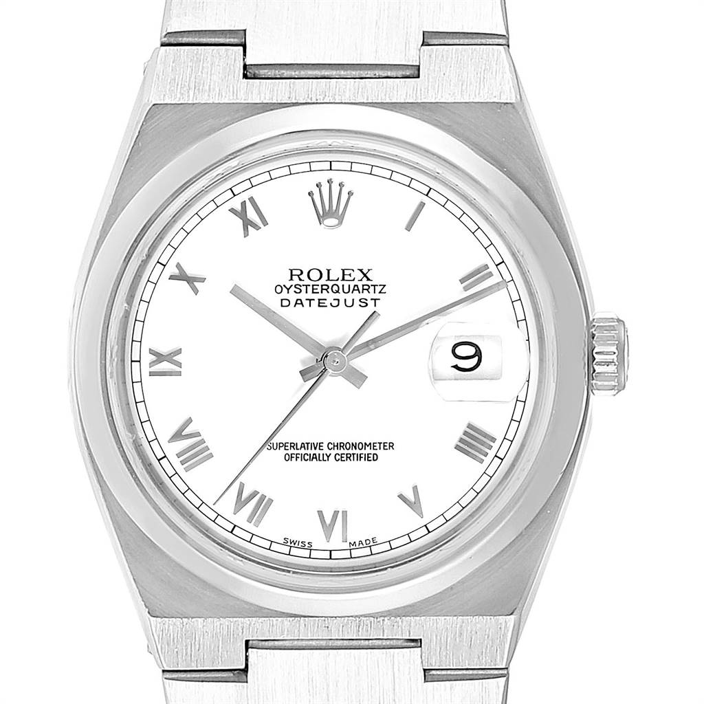 This image shows a front angle view of a Rolex Oysterquartz 17000 Men's Stainless Steel White Dial 17000 Men's Stainless Steel White Dial Datejust watch, highlighting the dial, hands, crown, and part of the bracelet.