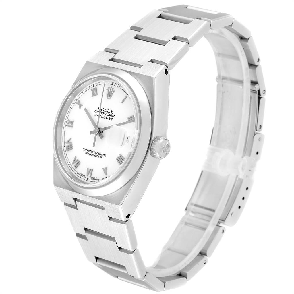 This is a side-angle view of a Rolex Oysterquartz 17000 Men's Stainless Steel White Dial 17000 Men's Stainless Steel White Dial watch showcasing the dial, crown, and bracelet.