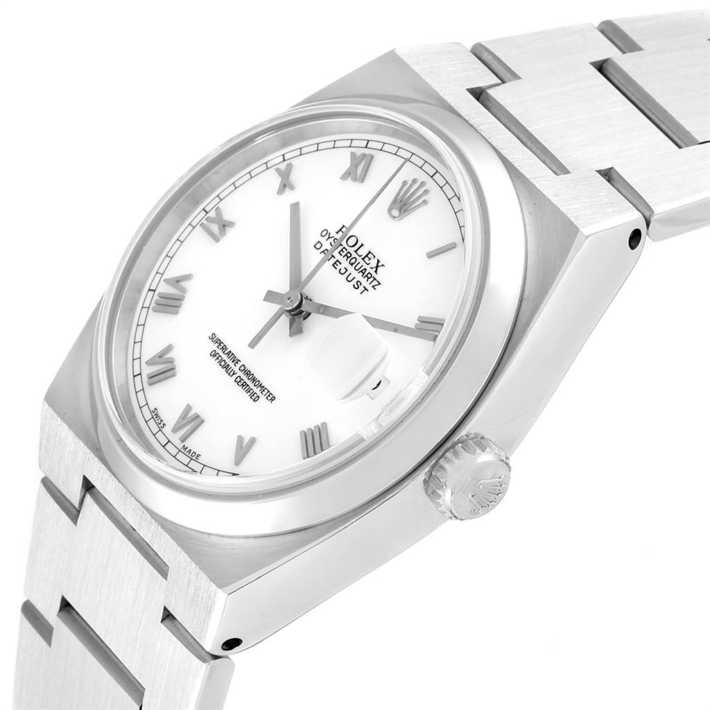 The image shows a side view of the Rolex Oysterquartz 17000 Men's Stainless Steel White Dial 17000 Men's Stainless Steel White Dial watch, highlighting the dial, crown, and bracelet.