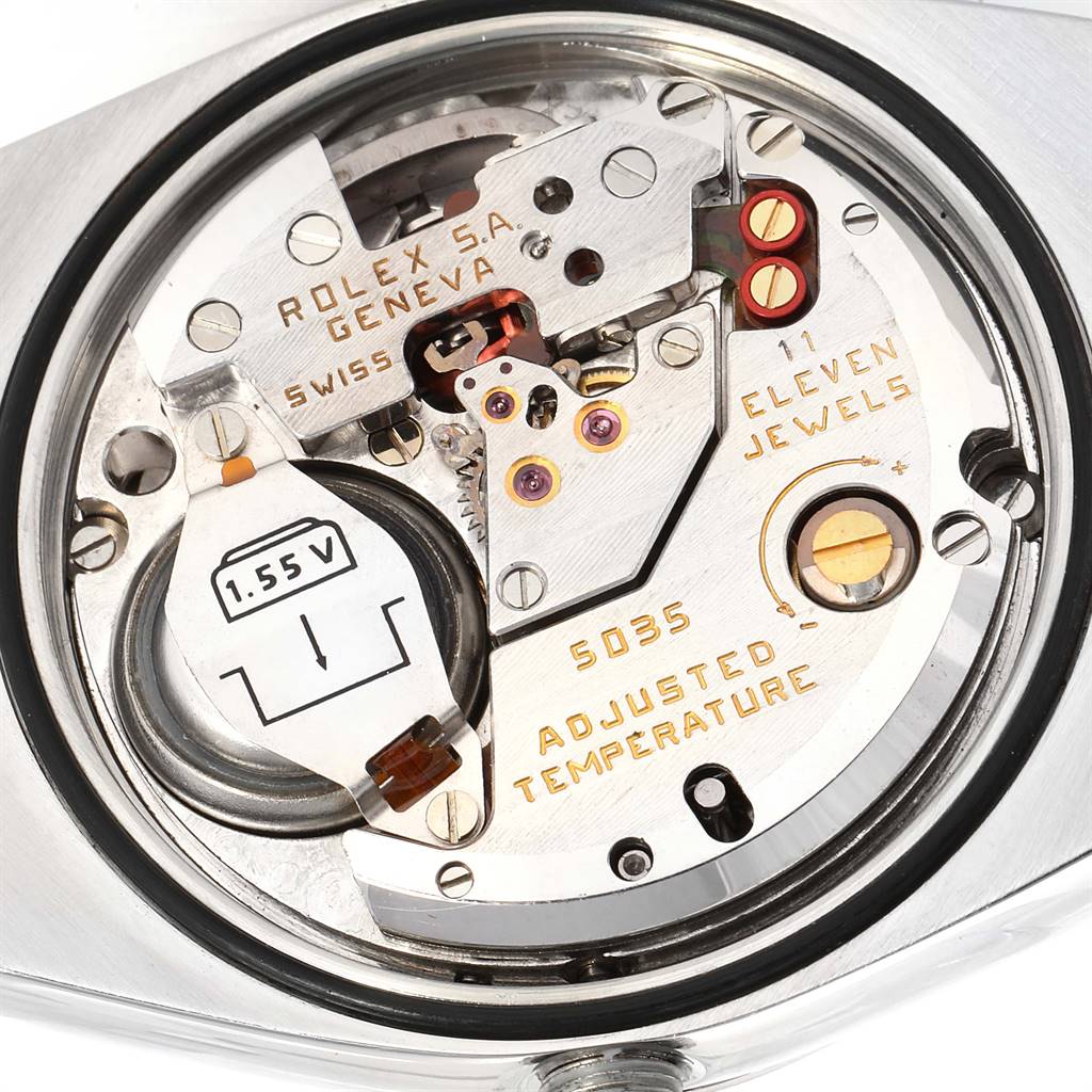 This image shows the exposed movement of a Rolex Oysterquartz 19601 Men's Stainless Steel White Dial 19601 Men's Stainless Steel White Dial watch, highlighting its internal components and battery.