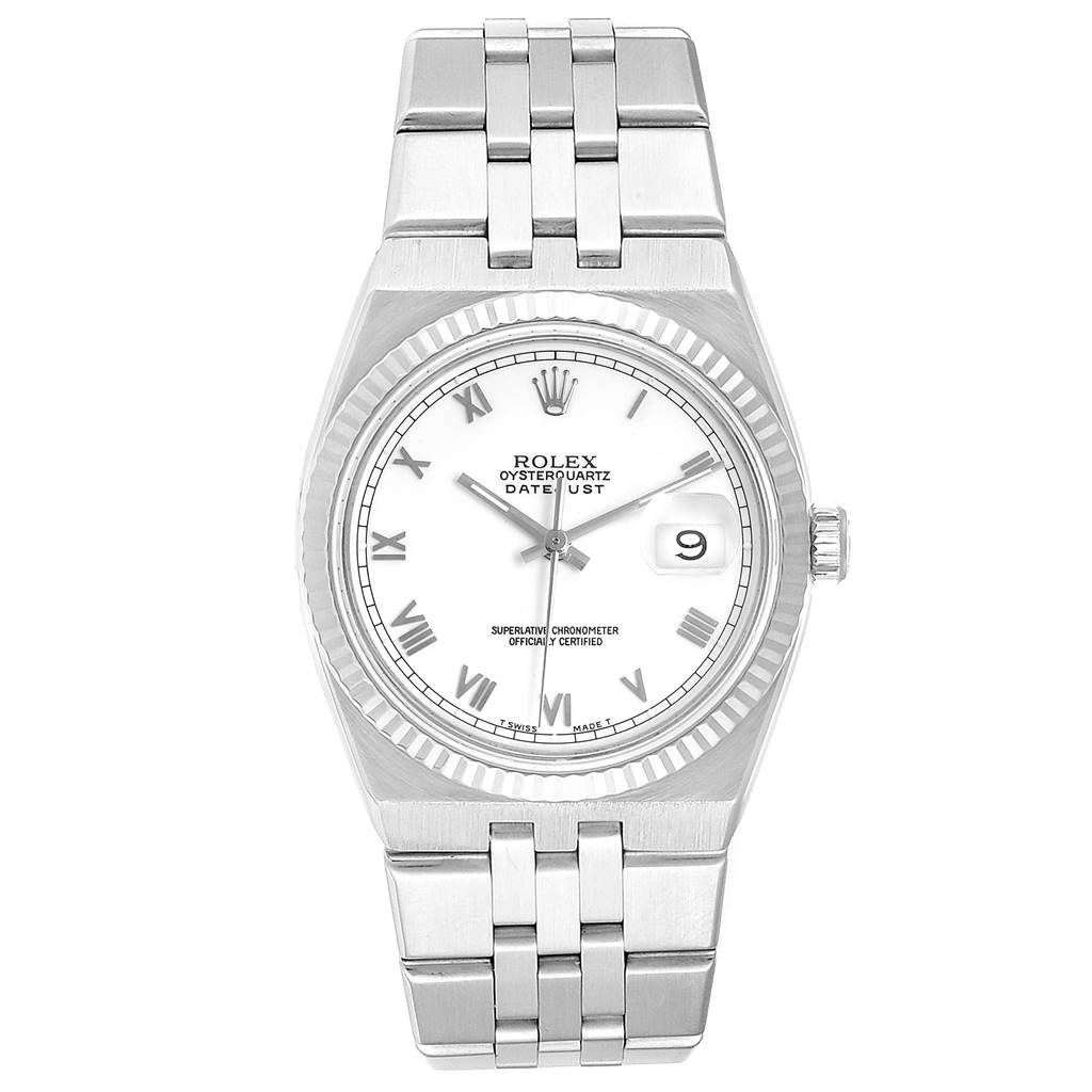 This image shows a Rolex Oysterquartz 19601 Men's Stainless Steel White Dial 19601 Men's Stainless Steel White Dial watch from a top-down perspective, featuring its face, case, and bracelet.