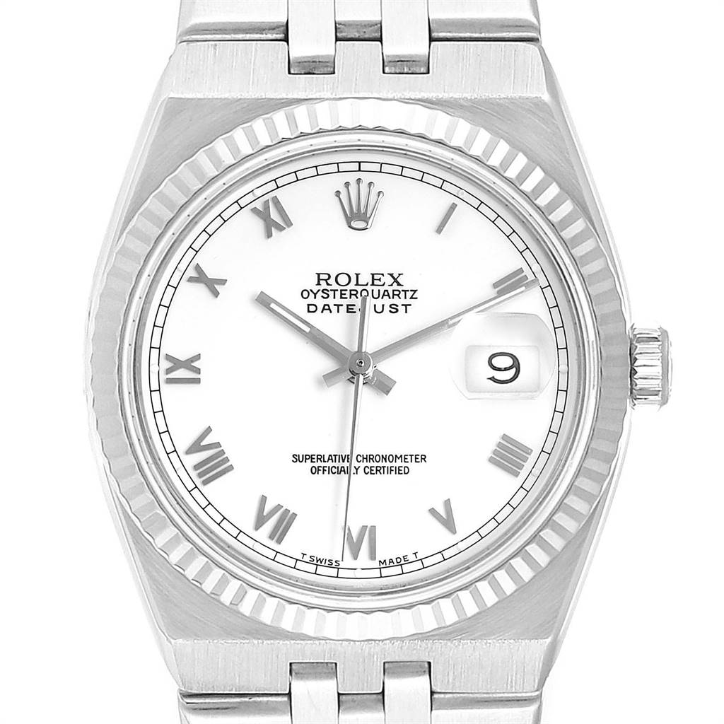 The image shows a Rolex Oysterquartz 19601 Men's Stainless Steel White Dial 19601 Men's Stainless Steel White Dial watch, displaying the dial, bezel, crown, and part of the bracelet, viewed from the front.