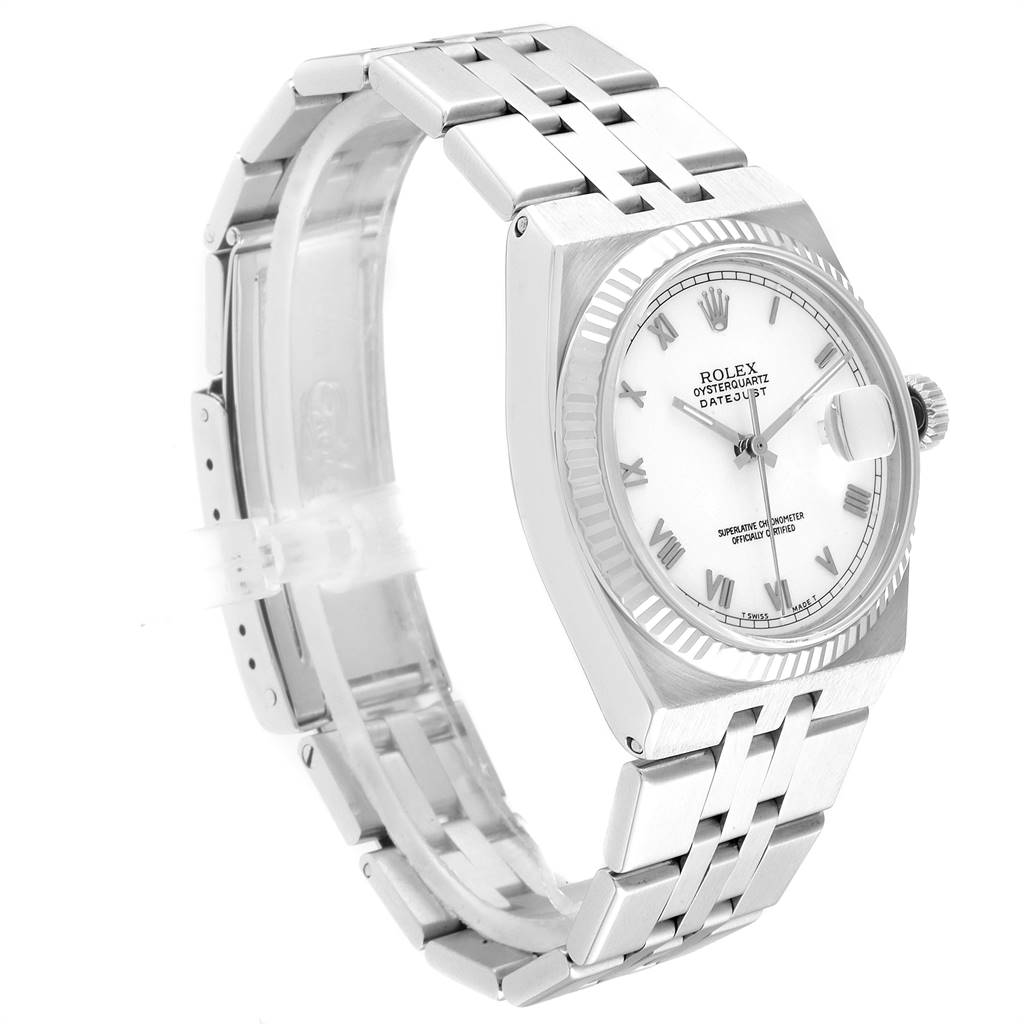 The image shows a side angle of a Rolex Oysterquartz 19601 Men's Stainless Steel White Dial 19601 Men's Stainless Steel White Dial watch, focusing on the watch face, bracelet, and clasp.