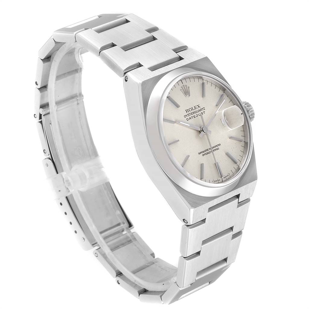 This image shows a Rolex Oysterquartz 17000 Men
s Stainless Steel Silver Dial 17000 Men
s Stainless Steel Silver Dial watch from an angled side view, highlighting the bracelet, case, and dial.