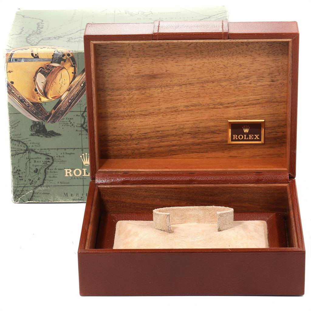 The image shows an open Rolex watch box and outer packaging for the Oysterquartz model, displaying the interior cushioning and branding.