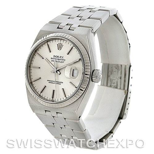 The image shows a Rolex Oysterquartz 17014 Men's Stainless Steel Silver Dial 17014 Men's Stainless Steel Silver Dial watch at an angle displaying its face, crown, and a portion of its metal bracelet.