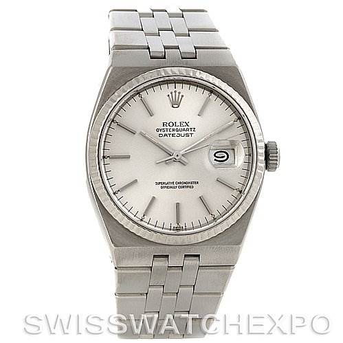 The Rolex Oysterquartz 17014 Men's Stainless Steel Silver Dial 17014 Men's Stainless Steel Silver Dial watch is shown from a front view, highlighting its dial, bracelet, crown, and case.