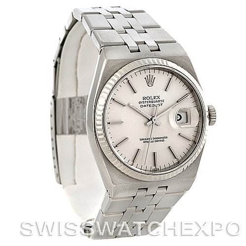 The image shows a Rolex Oysterquartz 17014 Men's Stainless Steel Silver Dial 17014 Men's Stainless Steel Silver Dial watch from an angled front view displaying the watch face, case, bracelet, and crown.