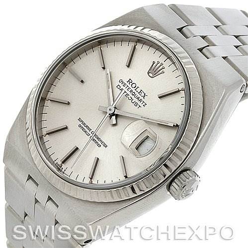 This image shows a Rolex Oysterquartz 17014 Men's Stainless Steel Silver Dial 17014 Men's Stainless Steel Silver Dial watch at a three-quarter angle, displaying the dial, bezel, bracelet, and crown.