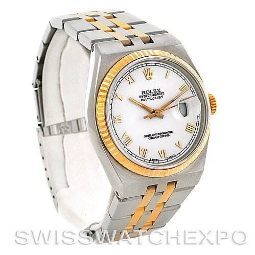 The Rolex Oysterquartz 17013 Men's Stainless Steel White Dial 17013 Men's Stainless Steel White Dial model is shown at a three-quarter angle highlighting the dial, bezel, and two-tone bracelet.