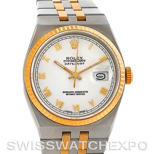 The image shows a front view of a Rolex Oysterquartz 17013 Men's Stainless Steel White Dial 17013 Men's Stainless Steel White Dial Datejust watch with gold and silver accents.