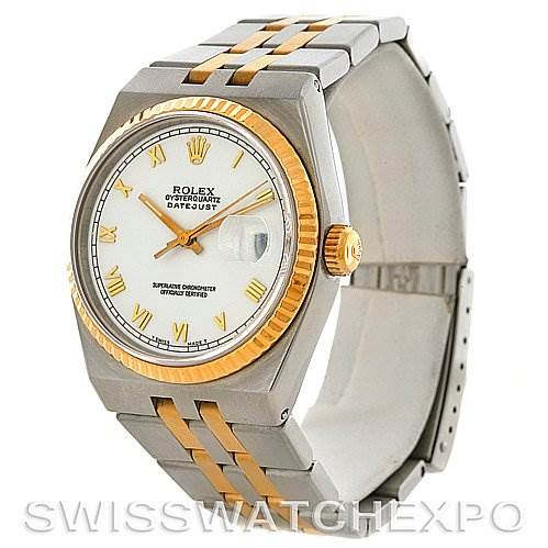 The image shows a Rolex Oysterquartz 17013 Men's Stainless Steel White Dial 17013 Men's Stainless Steel White Dial Datejust watch at a front angle, highlighting its two-tone bracelet, dial, and bezel.