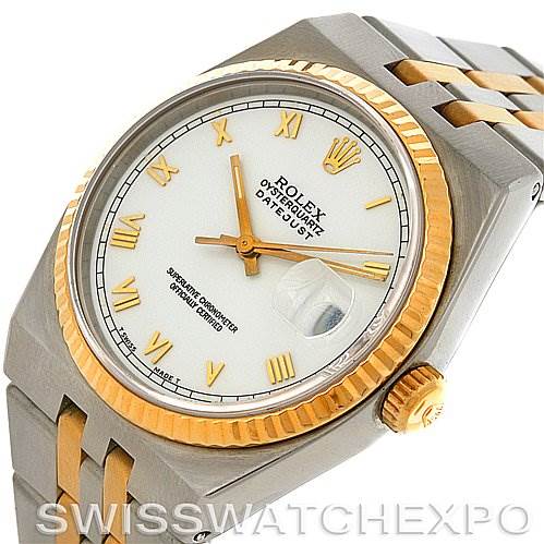 The image displays a Rolex Oysterquartz 17013 Men's Stainless Steel White Dial 17013 Men's Stainless Steel White Dial watch showing the face, bezel, and partial bracelet from an angled view.