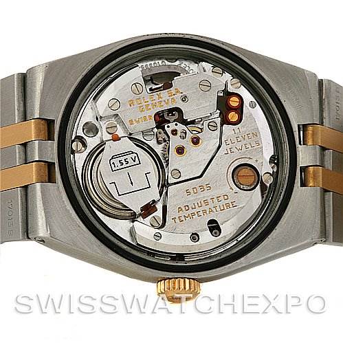 This image displays the back view of a Rolex Oysterquartz 17013 Men's Stainless Steel White Dial 17013 Men's Stainless Steel White Dial watch, revealing its internal quartz movement and components.