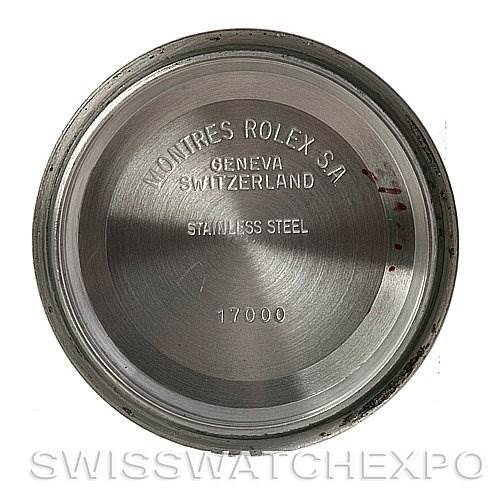 This image shows the inside of the back case cover of a Rolex Oysterquartz 17013 Men's Stainless Steel White Dial 17013 Men's Stainless Steel White Dial watch, displaying brand engravings.