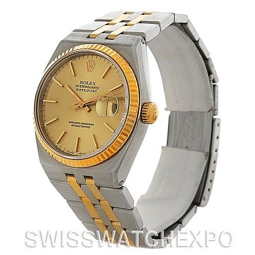 The Rolex Oysterquartz 17013 Men's Stainless Steel Champagne Dial 17013 Men's Stainless Steel Champagne Dial watch is shown at a left-side angle, displaying its dial, case, crown, and bracelet.