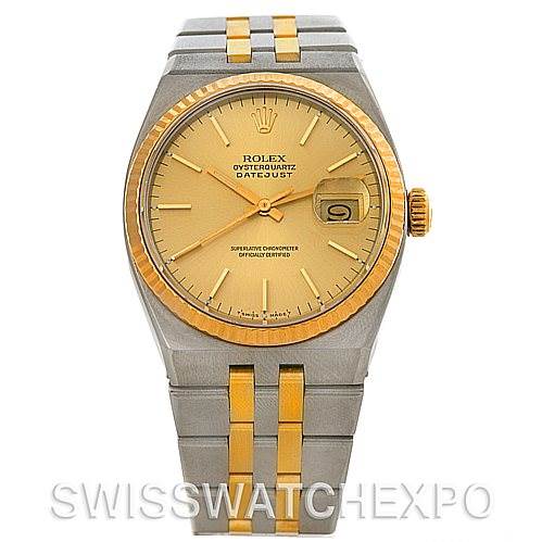 The image shows a front view of a Rolex Oysterquartz 17013 Men's Stainless Steel Champagne Dial 17013 Men's Stainless Steel Champagne Dial watch, highlighting its dial, bezel, crown, and bracelet.