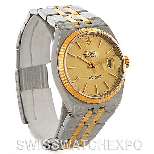 The image shows a Rolex Oysterquartz 17013 Men's Stainless Steel Champagne Dial 17013 Men's Stainless Steel Champagne Dial model from an angled perspective, highlighting the watch face, bezel, and bracelet.