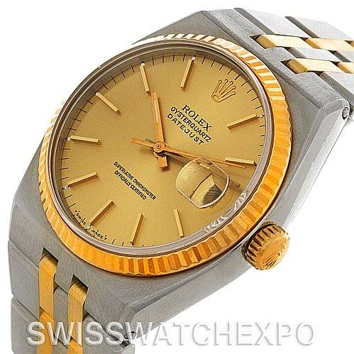 The image shows a Rolex Oysterquartz 17013 Men's Stainless Steel Champagne Dial 17013 Men's Stainless Steel Champagne Dial Datejust watch from an oblique angle, highlighting the dial, bezel, crown, and bracelet.
