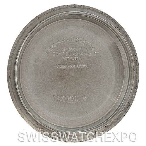 The image shows the inner case back of a Rolex Oysterquartz 17013 Men's Stainless Steel Champagne Dial 17013 Men's Stainless Steel Champagne Dial watch, with model and maker's inscriptions.