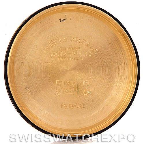 This image shows the inside of the case back of a Rolex President 19018 Men's Yellow Gold Black Dial 19018 Men's Yellow Gold Black Dial model watch.