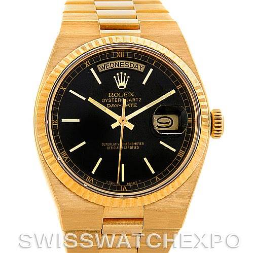 Front view of the Rolex President 19018 Men's Yellow Gold Black Dial 19018 Men's Yellow Gold Black Dial model showing the dial, bezel, crown, and bracelet.